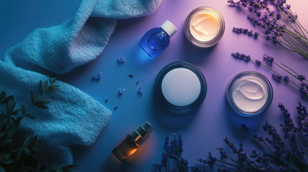 A flat lay of nighttime skincare products, including a sleep mask, night cream, and lavenderの素材