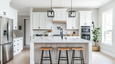 Spacious kitchen with modern appliances, island counter, and bar stools, bright and clean, stainless steel accentsの素材