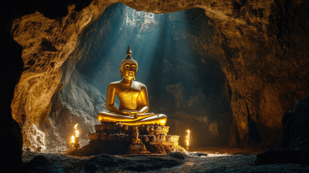 Golden Buddha statue in a cave temple, lit by torches, ancient and mystical, shadows playing on the wallsの素材