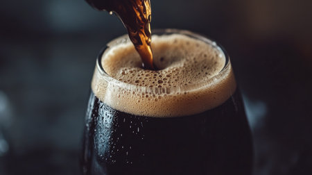 A close-up of a dark stout beer pouring into a glass, creating a thick, creamy headの素材