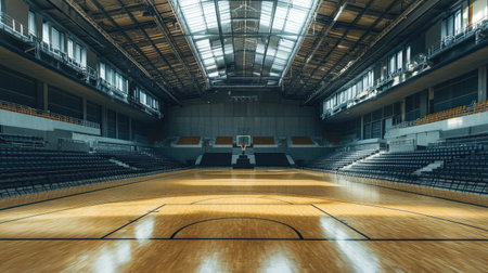 Top view of an empty indoor stadium prepared for basketball, with clean, polished floors and tiered seatingの素材