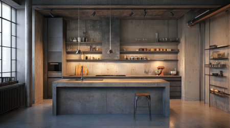 Industrial kitchen with concrete countertops, metal cabinets, and exposed pipes, raw and edgy atmosphereの素材