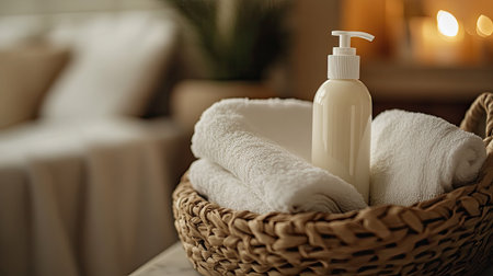 A shampoo bottle nestled in a basket of fresh towels, with a spa-like bathroom settingの素材