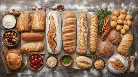 A flat lay of assorted bread loaves and rolls, on a rustic table with fresh ingredients and flour dusting.の素材