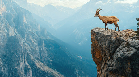A solitary mountain goat standing on a rocky cliff, looking out over a vast mountainous landscapeの素材