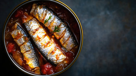 A top view of a can of sardines in tomato sauce, with the fish neatly arrangedの素材