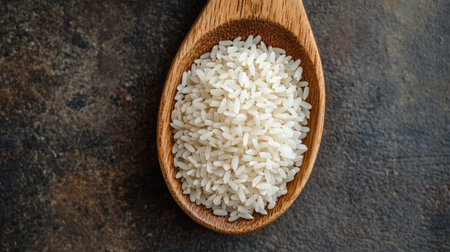 A top view of a wooden spoon full of uncooked white rice grainsの素材