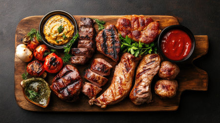 A top view of assorted grilled meats on a wooden cutting board, with herbs and sauces aroundの素材