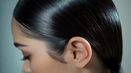 A close-up of a sleek ponytail with a middle part, showing a polished and professional look, perfect for formal settings.の素材