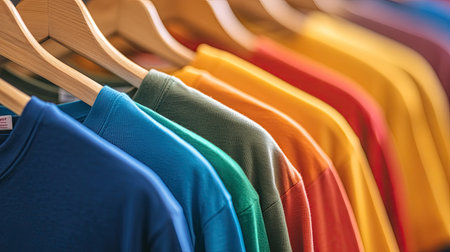 A close-up of a row of colorful t-shirts neatly hanging on wooden hangers, showcasing a variety of hues.の素材
