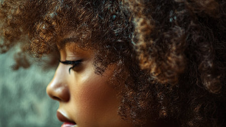 A close-up of natural afro-textured hair styled in a rounded afro, highlighting the hair volume and curl pattern.の素材
