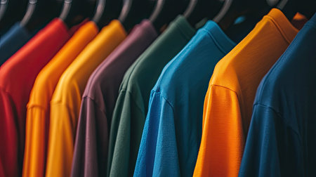 A close-up of a row of colorful t-shirts neatly hanging on a clothing rack, showcasing various shades.の素材