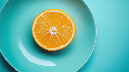 A single orange slice on a plain turquoise plate, styled in a minimalistic mannerの素材