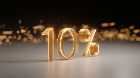 A stunning golden 10 percent sign glows against a sparkling background, perfect for any promotion or marketing project conveying discounts or special offers.の素材
