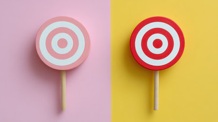 Two vibrant lollipops on contrasting pink and yellow backgrounds offer a playful touch for candy, dessert, and celebration themes.の素材