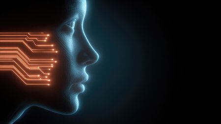 A striking blend of human features and digital circuitry, this image captures the essence of technology and innovation in a visually engaging manner, highlighting the fusion of humanity and machines.の素材