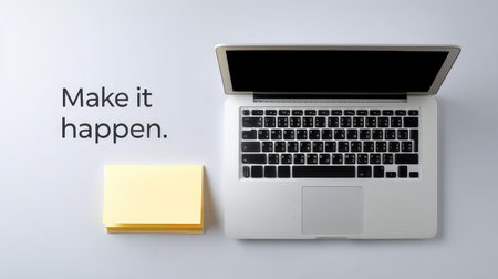 A sleek laptop next to sticky notes on a clean desk conveys a modern workspace ideal for motivation, planning, and creative thinking. Perfect for inspiration.の素材