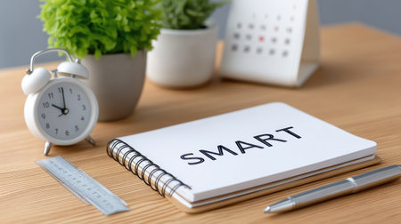 A flat lay image showcasing a notepad labeled "SMART" alongside a clock, pen, and potted plant, embodying themes of organization, productivity, and creativity in a modern workspace.の素材