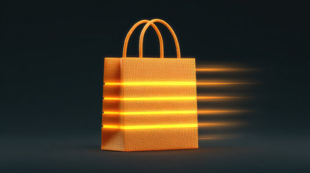 A captivating bright orange shopping tote with illuminated lines, symbolizing modern retail. Ideal for marketing and advertising themes focused on consumer experiences and stylish designs.の素材