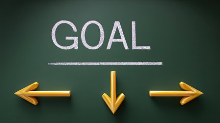 This image illustrates the concept of goal setting, featuring directional arrows pointing towards a blank space labeled "GOAL," ideal for motivational themes.の素材