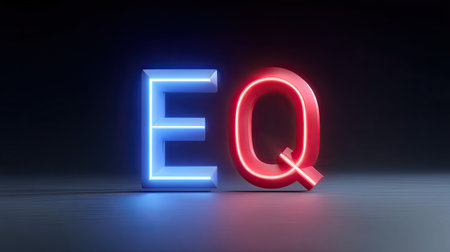 Vibrant neon letters "E" in blue and "Q" in red glow against a dark backdrop, symbolizing the importance of equality, balance, and unity in contemporary society.の素材