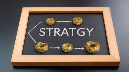 A modern black chalkboard showcases the word "Strategy" in white chalk, surrounded by golden spiral objects. This creative visual emphasizes planning and innovation.の素材