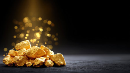 This image showcases a stunning pile of shiny gold nuggets set against a soft bokeh background, ideal for projects related to wealth, luxury, and prosperity.の素材