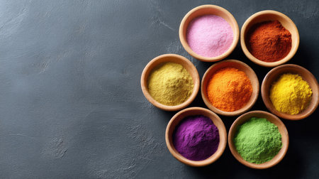 A visually striking arrangement of colorful spices and powders sits in bowls against a dark backdrop, showcasing a rich diversity of hues perfect for culinary use or decorative arts.の素材