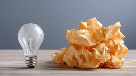This image features a light bulb beside a pile of crumpled yellow paper, symbolizing the journey of creativity, the challenges in idea generation, and the process of innovation.の素材