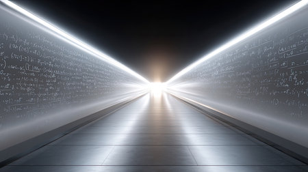 A futuristic tunnel featuring bright light at the end, with mathematical equations adorning the walls, symbolizes innovation and the pursuit of knowledge.の素材
