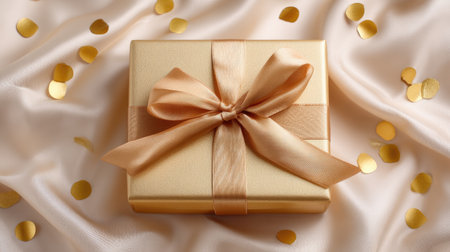 This elegant gold gift box adorned with a satin ribbon sits gracefully on soft fabric, surrounded by golden confetti, creating a festive atmosphere perfect for celebrations.の素材