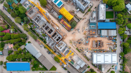 An aerial photograph showcasing a bustling construction site with cranes and machinery in a city landscape, highlighting ongoing urban development efforts.の素材