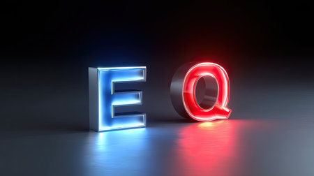 Two illuminated letters E and Q in neon blue and red display captivating design elements against a dark background, perfect for modern branding or creative projects.の素材