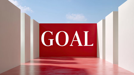 A striking visual of the word 'GOAL' showcased on a vibrant red wall in a minimalist room. This image symbolizes motivation and ambition for personal and professional growth.の素材