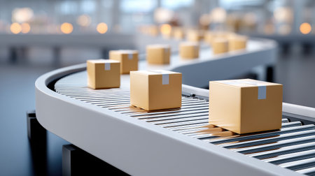 This image captures a contemporary logistics facility where brown cardboard boxes are moving along a curved conveyor belt, illustrating an efficient packaging and distribution process.の素材