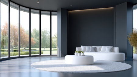 A modern minimalist living room featuring a white sofa and circular rug, large windows capture natural light, creating a peaceful atmosphere with garden views.の素材