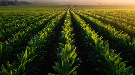 A serene cornfield stretches under the golden hues of morning sunlight, showcasing vibrant green rows. This rural landscape captures the essence of agriculture and growth, offering a peaceful view.の素材
