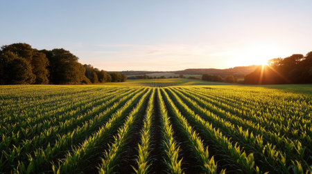 A stunning view of a green corn field at sunrise, showcasing rows of young corn plants basking in golden light. The serene landscape exudes tranquility and natural beauty.の素材