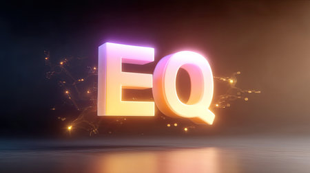 This vibrant 3D image features the letters "EQ," representing emotional intelligence. The design combines dynamic light effects with an abstract background, ideal for creative projects, branding, and educational content.の素材