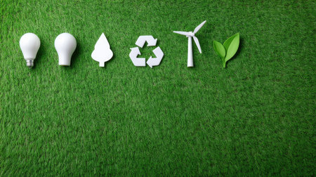 This image features eco-friendly symbols on a vibrant artificial grass background, representing sustainability, green energy, and conservation efforts for a cleaner future.の素材