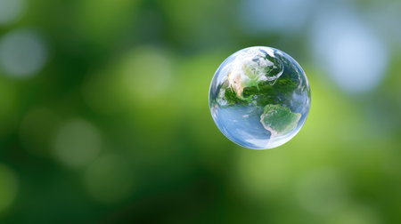 A beautiful depiction of the Earth globe floating against a soft green background, symbolizing harmony with nature and a vibrant planet alive with possibility.の素材