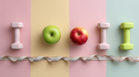 This stock photo showcases a vibrant setup featuring dumbbells, fresh apples, and measuring tape, representing a healthy lifestyle and fitness journey.の素材