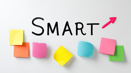 This image showcases colorful sticky notes arranged creatively next to the handwritten word 'Smart' on a clean white background, ideal for office inspiration.の素材