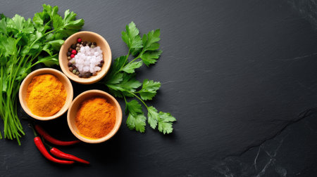 A visually appealing display of vibrant spices, including turmeric and salt, paired with fresh herbs and red chili on a dark slate background.の素材