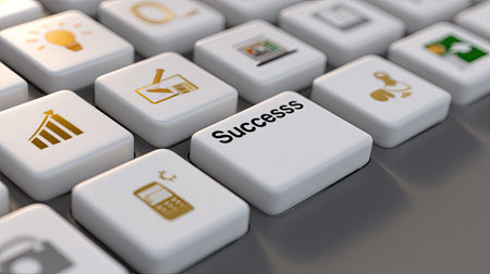 This image showcases a computer keyboard with a prominent success key surrounded by various business and digital icons, highlighting the theme of achievement and motivation.の素材