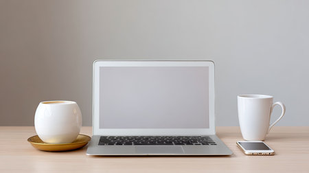 A stylish minimalist workspace featuring a laptop, a coffee cup, and a smartphone on a wooden desk, ideal for remote work or creative activities in a calm environment.の素材