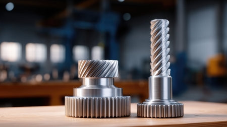 Close-up view of precision-engineered metal gears showcased on a wooden table in a workshop. The industrial background highlights craftsmanship and innovation.の素材