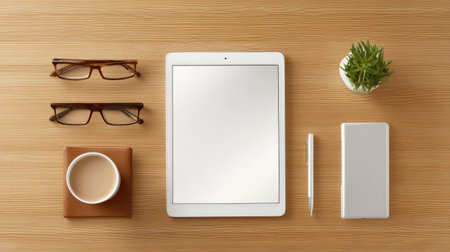A beautifully arranged workspace featuring a tablet, coffee cup, glasses, notepad, and a small succulent plant. Ideal for creating a productive atmosphere.の素材