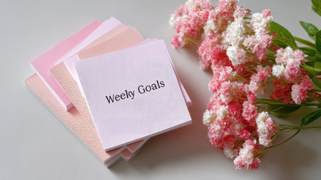A visually appealing arrangement featuring colorful sticky notes labeled with weekly goals, accompanied by a delicate bouquet of pink flowers, ideal for office or study settings.の素材