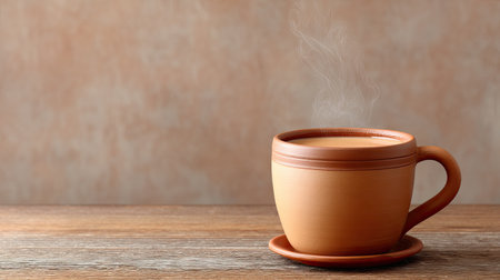 A cozy cup of hot coffee radiating warmth with visible steam, placed on a rustic wooden table, inviting moments of relaxation and comfort.の素材